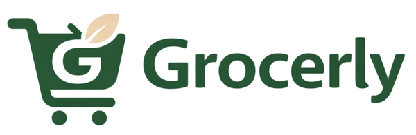 Grocerly logo with a green shopping cart and leaf on a white background